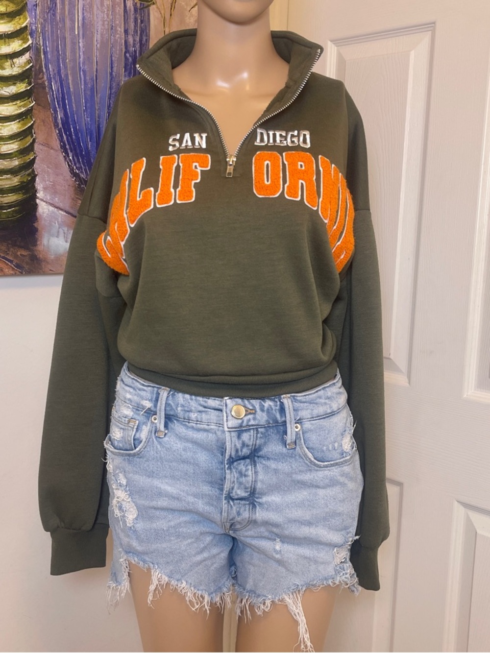 Cropped Army Green California 3/4 Zip Collar Pullover Sweatshirt